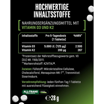 Витамин D3 5000 IU + K2 200 mcg веган - 180 таблетки | GEN - Германия