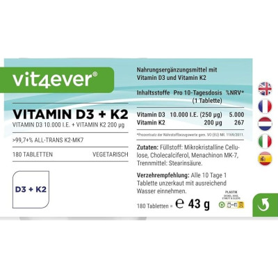 Витамин Д3 10,000IU + Витамин К2 200mcg - 180 таблетки | Vit4ever - Германия