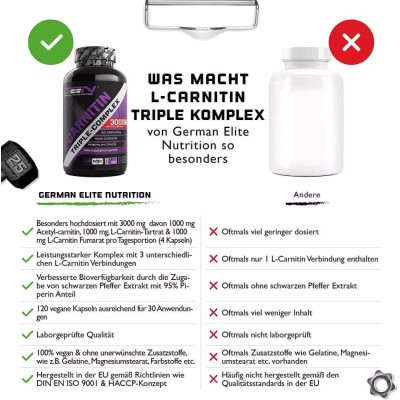Л-Карнитин троен комплекс (aцетил, тартрат, фумарат) 3000mg - 120 капсули | German Elite Nutrition