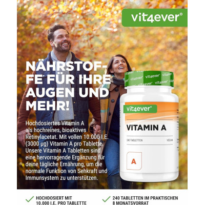 Витамин А 10,000 IU (3000mcg) - 365 таблетки | Vit4ever - Германия