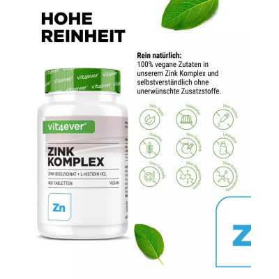 Цинк бисглицинат 25mg с Л-хистидин - 400 таблетки | Vit4ever - Германия