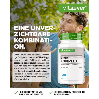 Цинк бисглицинат 25mg с Л-хистидин - 400 таблетки | Vit4ever - Германия