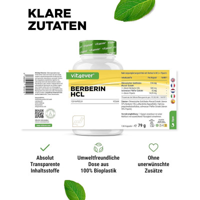 Берберин 500mg + Пеперин - 120 каспули | Vit4ever - Германия