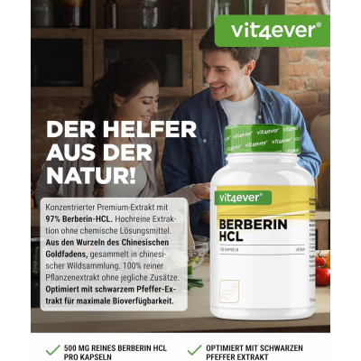 Берберин 500mg + Пеперин - 120 каспули | Vit4ever - Германия