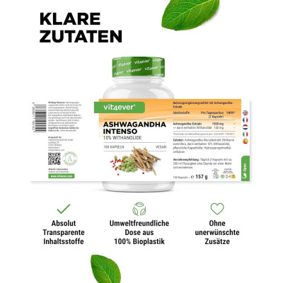 Ашваганда интенсо 750mg екстракт от корен (75mg виталониди) - 180 капсули | Vit4ever - Германия