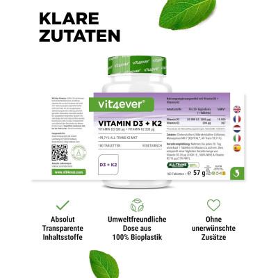 Витамин Д3 20,000 IU + Витамин К2 200mcg - 180 таблетки | Vit4ever - Германия