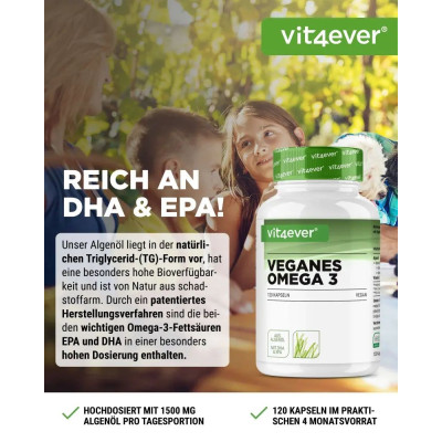 Омега-3 от водорасли (EPA и DHA), 500mg - 120 капсули - Vit4ever - Германия