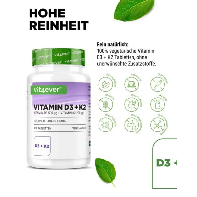 Витамин Д3 20,000 IU + Витамин К2 200mcg - 100 таблетки | Vit4ever - Германия