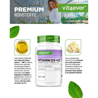 Витамин Д3 20,000 IU + Витамин К2 200mcg - 100 таблетки | Vit4ever - Германия