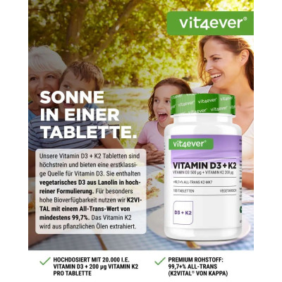 Витамин Д3 20,000 IU + Витамин К2 200mcg - 100 таблетки | Vit4ever - Германия