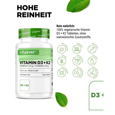 Витамин D3 5000 IU + Витамин К2 100mcg - 100 таблетки | Vit4ever - Германия