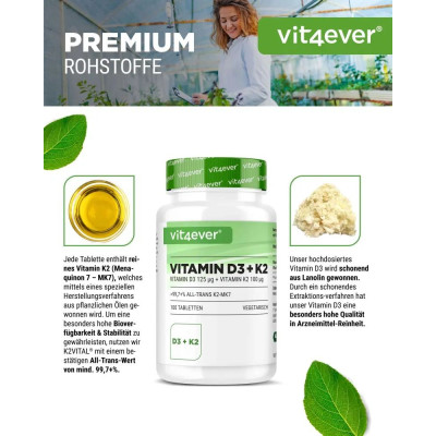 Витамин D3 5000 IU + Витамин К2 100mcg - 100 таблетки | Vit4ever - Германия