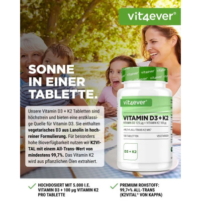 Витамин D3 5000 IU + Витамин К2 100mcg - 100 таблетки | Vit4ever - Германия