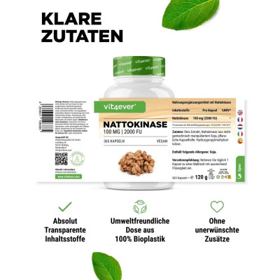 Натокиназа 100mg | 2000FU - 365 капсули | Vit4ever - Germany