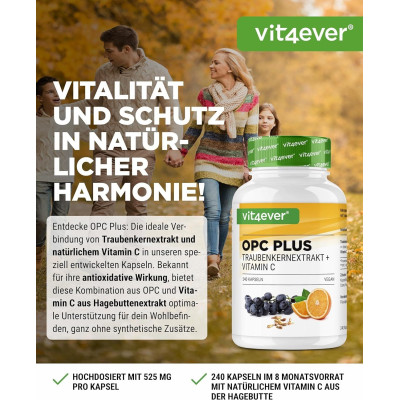 OPC екстракт от гроздови семки 450mg с витамин С - 240 капсули | Vit4ever - Германия