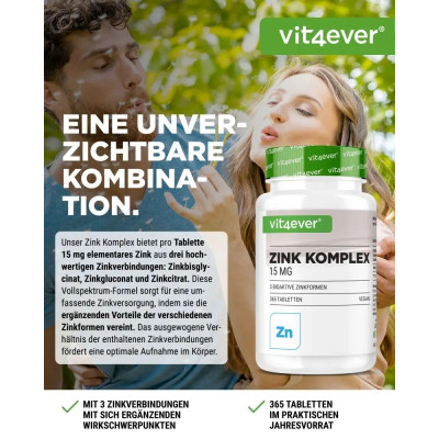 Цинк комплекс (бисглицинат, глюконат, цитрат) 15mg - 365 таблетки | Vit4ever - Германия