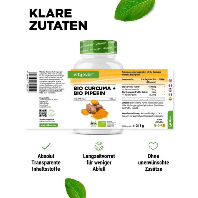 Био куркума 750mg + Пиперин - 365 капсули | Vit4ever - Германия