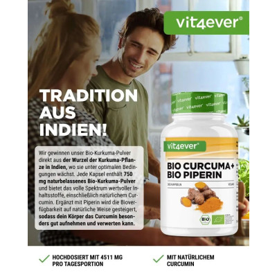 Био куркума 750mg + Пиперин - 365 капсули | Vit4ever - Германия