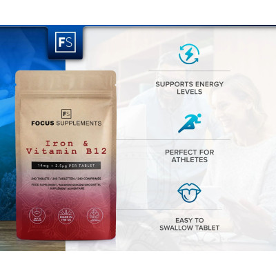 Желязо с витамин Б12 (14mg + 2.5mcg) - 240 таблетки | Focus Supplements - UK