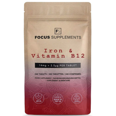 Желязо с витамин Б12 (14mg + 2.5mcg) - 240 таблетки | Focus Supplements - UK