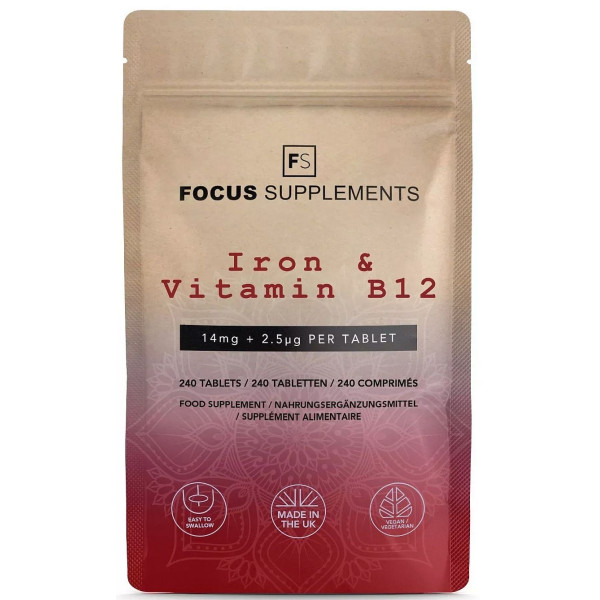 Желязо 14mg с витамин B12 - 240 таблетки | Focus Supplements - Великобритания