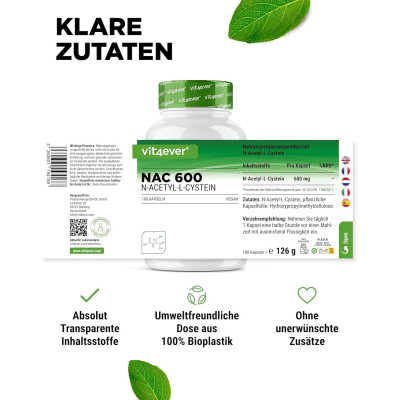 NAC (N-Acetyl-L-Cystein) 600mg - 240 капсули | Vit4ever - Германия