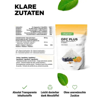Екстракт от гроздови семки OPC + витамин C на прах, 300gr | Vit4ever - Германия