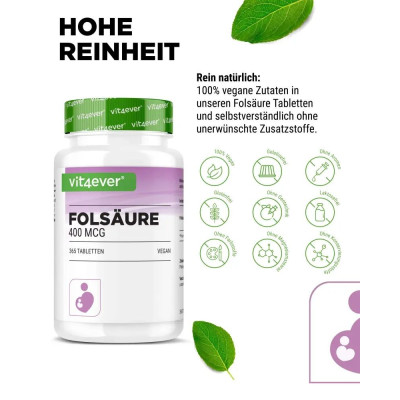 Фолиева киселина, 400mcg - 365 таблетки | Vit4ever - Германия