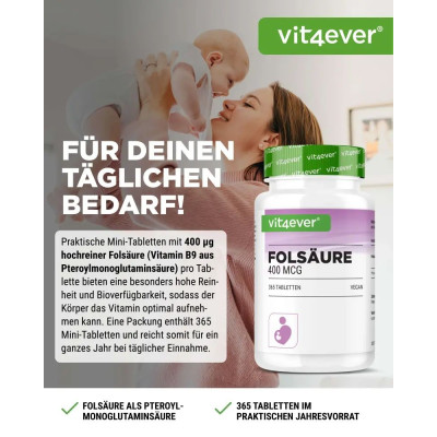 Фолиева киселина, 400mcg - 365 таблетки | Vit4ever - Германия