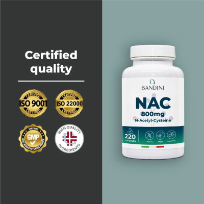 N-ацетил L-цистеин (NAC) 800mg - 220 капсули | Bandini Pharma - Италия