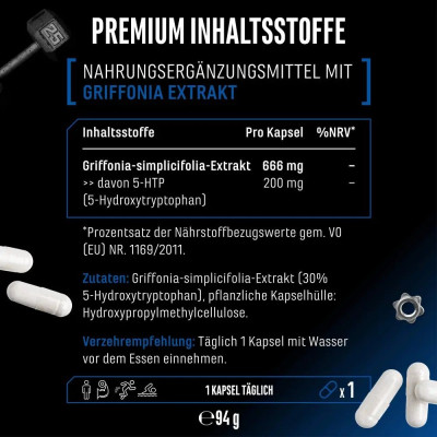5-HTP - 200mg, 120 капсули, висококачествен екстракт от грифония | GEN German Elite Nutrition