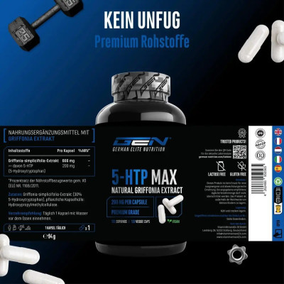 5-HTP - 200mg, 120 капсули, висококачествен екстракт от грифония | GEN German Elite Nutrition