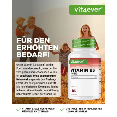 Витамин B3 (Ниацин) -  500 мг, 365 таблетки/  Vit4ever- Германия